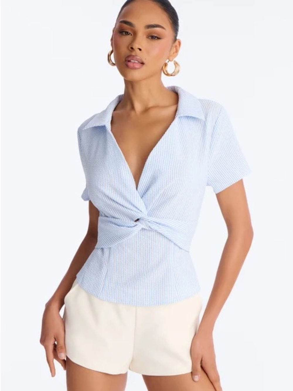 Fashion Nova Light Blue Knotted Collared Short Sleeve Top